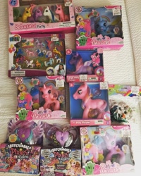 Size: 1080x1350 | Tagged: safe, alicorn, earth pony, pony, unicorn, g3, g3.5, barcode, beautiful pony, bootleg, choking hazard, comb, female, hairclip, hatchimals, hatchimals pixies riders, large pony playset, lovely horse, mare, my unicorn, photo, price tag, purse, toy