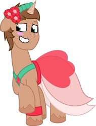 Size: 1888x2486 | Tagged: safe, artist:peternators, oc, oc only, oc:heroic armour, pony, unicorn, g4, g5, my little pony: tell your tale, blushing, clothes, crossdressing, dress, floppy ears, g4 to g5, generation leap, male, shy, simple background, smiling, solo, stallion, transparent background