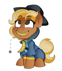 Size: 1300x1500 | Tagged: safe, artist:theoctoberscarf, oc, oc only, oc:banana blitz, banana, blonde, brodie helmet, clothes, female, grenade, hat, helmet, looking up, mouth hold, simple background, sitting, solo, team fortress 2, transparent background, yellow mane