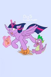 Size: 1365x2048 | Tagged: safe, artist:mscolorsplash, spike, twilight sparkle, alicorn, dragon, pony, g4, blue background, book, broken, duo, duo male and female, female, halloween, holiday, jack-o-lantern, male, mare, ponytober, pumpkin, shocked, simple background, sternocleidomastoid, tripping, twilight sparkle (alicorn)