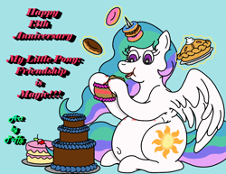 Size: 2500x1933 | Tagged: safe, artist:puffydearlysmith, princess celestia, alicorn, pony, mlp fim's thirteenth anniversary, g4, belly, belly button, big belly, cake, cakelestia, chubbylestia, donut, fat, female, food, glowing, glowing horn, herbivore, horn, horn impalement, mare, messy eating, pie, pumpkin pie, stuffed belly, stuffing