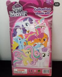Size: 1079x1350 | Tagged: safe, fluttershy, pinkie pie, rainbow dash, rarity, scootaloo, sweetie belle, earth pony, pegasus, pony, unicorn, g4, ages 3+, backcard, barcode, bootleg, choking hazard, element of generosity, female, filly, foal, group, made in china, mare, misspelling, my little pony the movif, rainbow power, sextet, stolen art