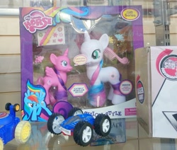 Size: 1280x1087 | Tagged: safe, rainbow dash, alicorn, pony, unicorn, g4, bootleg, choking hazard, comb, duo, grammar error, hairclip, my lovely horse, photo, toy car