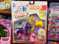 Size: 1280x960 | Tagged: safe, earth pony, pony, ages 3+, barcode, bootleg, brush, choking hazard, hairclip, photo, pony friends, sitting, trio