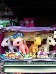 Size: 400x533 | Tagged: safe, earth pony, pony, bootleg, choking hazard, cutlass, female, group, photo, pony superheroes, quartet, shelf, sword, toy, weapon