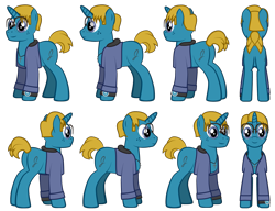 Size: 1477x1137 | Tagged: safe, artist:j-yoshi64, oc, oc only, oc:j-pony64, human, pony, unicorn, blonde hair, blue coat, clothes, cross, cross necklace, denim, denim jacket, front view, glasses, hood, human in equestria, jacket, jewelry, long sleeves, male, necklace, ponified, self insert, show accurate, side view, simple background, solo, stallion, three quarter view, transparent background, turnaround, vector, watch, wristwatch