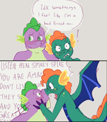 Size: 1920x2177 | Tagged: safe, artist:mythicalartist_, spike, oc, oc:emziko, dragon, g4, 2 panel comic, boop, canon x oc, comic, dialogue, dragoness, exclamation point, female, male, noseboop, older, older spike, shipping, speech bubble, spiko, spread wings, straight, wings