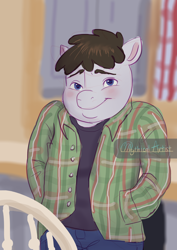 Size: 2480x3508 | Tagged: safe, artist:mythicalartist_, truffle shuffle, anthro, g4, blushing, commission, hand in pocket, high res, kevin james, looking at you, male, meme, plaid, ponified meme, shrug, signature, smiling, smiling at you, solo, the king of queens