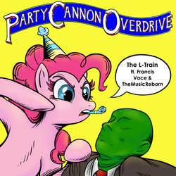 Size: 4000x4000 | Tagged: safe, artist:aliwoodruff, pinkie pie, oc, oc:anon, earth pony, human, pony, g4, absurd resolution, duo, female, hat, mare, parody, party hat, party horn, punch, reel big fish, simple background, song cover, speech bubble, yellow background