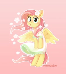 Size: 1843x2048 | Tagged: safe, artist:anotherdeadrat, fluttershy, pegasus, pony, g4, :o, bipedal, blushing, clothes, cute, dress, female, flower, flower in hair, flower on ear, gradient background, looking at you, mare, open mouth, outline, partially open wings, shyabetes, skirt blow, solo, spring dress, sundress, white outline, windswept mane, wings
