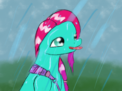 Size: 2732x2048 | Tagged: safe, anonymous artist, derpibooru exclusive, jazz hooves, earth pony, pony, g5, cute, different artstyle, female, high res, jazz has no ears, mare, no ears, open mouth, rain, sash, solo, tongue out, wet, wet mane