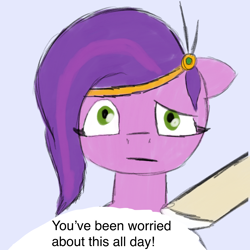 Size: 2000x2000 | Tagged: safe, artist:php176, derpibooru exclusive, pipp petals, rocky riff, pegasus, pony, series:bunny pipp, g5, comic, confused, dialogue, female, high res, hoof on shoulder, jewelry, lavender background, looking at someone, male, mare, necklace, offscreen character, simple background, sketchy style, solo focus, stallion, tiara