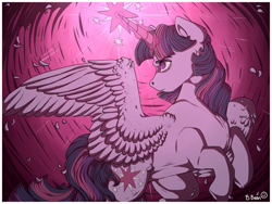 Size: 1280x960 | Tagged: safe, artist:binibean, twilight sparkle, alicorn, pony, g4, female, looking up, mare, rearing, signature, solo, spread wings, turned head, twilight sparkle (alicorn), wings