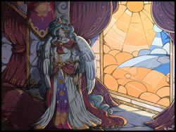 Size: 1280x960 | Tagged: safe, artist:binibean, princess celestia, human, g4, canterlot castle, clothes, dress, humanized, looking at you, signature, solo, stained glass, winged humanization, wings