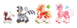 Size: 1280x469 | Tagged: safe, artist:vio-mlp-creator, big macintosh, zecora, oc, oc:freezia apple, oc:punnet square, earth pony, hybrid, pony, zebra, zony, g4, alternate design, alternate hairstyle, coat markings, colt, family, female, foal, interspecies offspring, macora, male, mare, offspring, pale belly, parent:big macintosh, parent:zecora, parents:macora, shipping, simple background, socks (coat markings), stallion, straight, white background