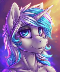 Size: 640x768 | Tagged: source needed, safe, artist:dimwitdog, oc, oc only, oc:flame belfrey, unicorn, anthro, bare shoulder portrait, bare shoulders, bust, collarbone, horn, male, portrait, solo, sternocleidomastoid, thin, unicorn oc