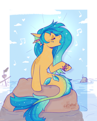 Size: 2000x2500 | Tagged: safe, artist:lionbun, oc, oc only, oc:calypso glitterfin, merpony, female, high res, mare, music notes, ocean, rock, shipwreck, singing, sitting, sketch, solo, water