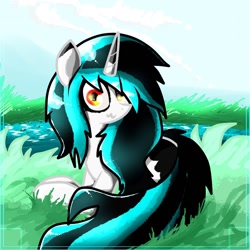 Size: 1024x1024 | Tagged: safe, artist:glazebittersweet, oc, oc:evening lake, pony, unicorn, adult blank flank, amber eyes, blank flank, detailed background, female, fluffy mane, grass, grass field, horn, lake, mare, orange eyes, river, sky, spots, spotted, unicorn oc, water