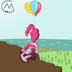 Size: 3200x3200 | Tagged: safe, artist:maître cervidé, pinkie pie, g4, balloon, cliff, floating, forest, high res, ocean, signature, then watch her balloons lift her up to the sky, water