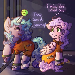 Size: 2048x2048 | Tagged: safe, artist:starfish, izzy moonbow, pipp petals, pegasus, pony, unicorn, g5, ball, bound wings, chained, chains, clothes, cuffed, cuffs, duo, high res, horn, hornball, izzy's tennis ball, jail, jail cell, jumpsuit, never doubt rainbowdash69's involvement, prison, prison outfit, prisoner, prisoner im, prisoner pipp, shackles, tennis ball, text, wings