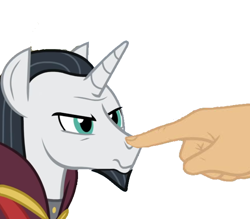 Size: 644x563 | Tagged: safe, artist:decokenite, edit, chancellor neighsay, pony, unicorn, g4, angry, beard, boop, chancellor neighsay is not amused, clothes, facial hair, glare, goatee, hand, male, robe, simple background, stallion, unamused, white background