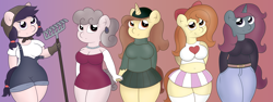 Size: 6759x2550 | Tagged: safe, artist:sparkfler85, derpibooru exclusive, oc, oc only, oc:flani bainilye, oc:hyamiatya, oc:hymyt, oc:miekka, oc:sokerilasi, earth pony, pony, unicorn, anthro, belly button, belt, big breasts, bow, breasts, cleavage, clothes, denim, dress, ear piercing, earring, female, freckles, gloves, gradient background, hair bow, hands together, hat, jeans, jewelry, long gloves, necklace, overalls, pants, pearl necklace, piercing, plump, ponytail, rake, shirt, skirt, sleeveless, slightly chubby, smiling, stockings, sweater, thigh highs, torn clothes