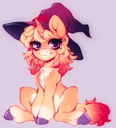 Size: 1860x2048 | Tagged: safe, artist:cabbage-arts, oc, oc only, pony, unicorn, chest fluff, hat, looking at you, sitting, smiling, solo, underhoof, witch hat
