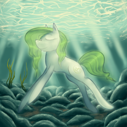 Size: 3000x3000 | Tagged: safe, artist:comickit, artist:dmc4everucci, oc, oc only, oc:and the rainfall, earth pony, pony, bubble, crepuscular rays, eyes closed, high res, ocean, seaweed, smiling, solo, sunlight, swimming, underwater, water