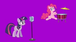 Size: 1080x599 | Tagged: safe, edit, pinkie pie, twilight sparkle, earth pony, pony, unicorn, g4, drums, microphone, musical instrument, purple background, simple background