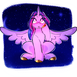 Size: 2000x2000 | Tagged: safe, artist:starsbursts, twilight sparkle, alicorn, pony, g4, alternate hairstyle, blushing, colored hooves, cute, female, gold hooves, high res, hooves, mare, open mouth, raised hoof, sitting, solo, spread wings, twiabetes, twilight sparkle (alicorn), unshorn fetlocks, wings
