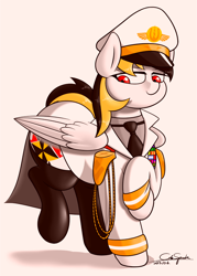 Size: 2000x2800 | Tagged: safe, artist:cdrspark, oc, oc only, oc:spark apocalypse, pegasus, pony, cap, clothes, female, hat, high res, lidded eyes, military uniform, overcoat, pegasus oc, red eyes, remastered, rubber boots, solo, uniform, wings