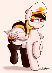 Size: 2000x2800 | Tagged: safe, artist:cdrspark, oc, oc only, oc:spark apocalypse, pegasus, pony, cap, clothes, female, hat, high res, lidded eyes, pegasus oc, red eyes, rubber boots, solo, uniform, wings