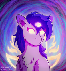 Size: 1296x1403 | Tagged: safe, artist:autumnsfur, oc, oc only, oc:glitter stone, earth pony, pony, triclops, abstract, abstract art, awakening, bust, chest fluff, earth pony oc, eye clipping through hair, eyelashes, female, glowing, glowing eyes, glowing wings, gray coat, grey fur, hair over one eye, long hair, long mane, looking at someone, looking at something, mare, modern art, no mouth, purple hair, purple mane, signature, simple background, solo, third eye, white eyes, wings