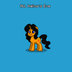 Size: 388x387 | Tagged: safe, oc, oc:all hallow's eve, pony, unicorn, pony town, black mane, black tail, blue background, do not steal, halloween, halloween pony, holiday, holiday pony, horn, nightmare night, orange fur, orange skin, original character do not steal, simple background, tail, unicorn oc