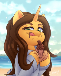 Size: 2400x3000 | Tagged: safe, artist:rivin177, oc, oc:brooke, pony, unicorn, beach, clothes, commission, food, high res, holding, horn, ice cream, ice cream cone, raised hoof, sand, scenery, sky, sweater, tongue out, ych result