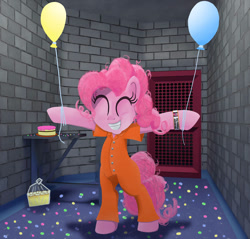 Size: 914x874 | Tagged: safe, artist:spellboundcanvas, pinkie pie, earth pony, pony, g4, alcohol, balloon, bipedal, cake, clothes, confetti, drink, food, jail, jail cell, jumpsuit, prison, prison outfit, prisoner, solo