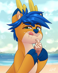 Size: 2400x3000 | Tagged: safe, artist:rivin177, deer, deer pony, hybrid, original species, beach, bust, cloud, commission, cream, food, high res, hill, holding, hooves, horizon, horn, ice cream, ocean, portrait, raised hoof, sand, sky, sparkles, tongue out, water, ych example, ych result