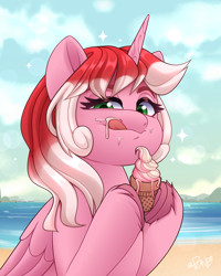 Size: 2400x3000 | Tagged: safe, artist:rivin177, alicorn, pegasus, pony, unicorn, beach, bust, cloud, commission, cream, food, high res, hill, holding, hooves, horizon, horn, ice cream, ocean, portrait, raised hoof, sand, sky, sparkles, tongue out, water, ych example, ych result