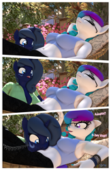 Size: 2005x3067 | Tagged: safe, artist:anthroponiessfm, oc, oc:aurora starling, oc:midnight music, earth pony, unicorn, anthro, 3d, anthro oc, belly, breasts, comic, duo, duo female, eyes closed, female, glasses, high res, horn, midriff, raspberry, silly, source filmmaker, text, tummy buzz, unicorn oc