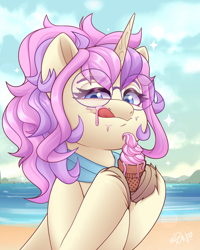 Size: 2400x3000 | Tagged: safe, artist:rivin177, pony, unicorn, beach, bust, clothes, cloud, commission, cream, food, glasses, high res, hill, holding, hooves, horizon, horn, ice cream, ocean, portrait, raised hoof, sand, scarf, sky, sparkles, tongue out, water, ych example, ych result