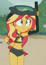 Size: 735x1031 | Tagged: safe, screencap, sunset shimmer, equestria girls, g4, my little pony equestria girls: better together, unsolved selfie mysteries, belly, belly button, bikini, bikini babe, black bikini, black swimsuit, clothes, cropped, leather, snorkel, sunset shimmer swimsuit, sunset shimmer's beach shorts swimsuit, swimsuit