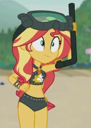 Size: 735x1031 | Tagged: safe, screencap, sunset shimmer, equestria girls, g4, my little pony equestria girls: better together, unsolved selfie mysteries, belly, belly button, bikini, bikini babe, black bikini, black swimsuit, clothes, cropped, female, leather, snorkel, solo, sunset shimmer swimsuit, sunset shimmer's beach shorts swimsuit, swimsuit