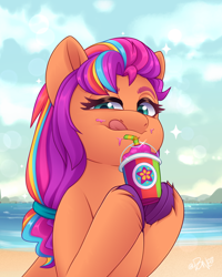 Size: 2400x3000 | Tagged: safe, artist:rivin177, sunny starscout, earth pony, pony, g5, beach, bust, cloud, commission, cream, drink, food, high res, hill, holding, hooves, horizon, horn, ocean, portrait, raised hoof, sand, sky, smoothie, sparkles, tongue out, water, ych example, ych result