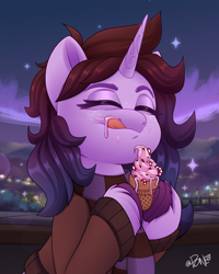 Size: 2400x3000 | Tagged: safe, artist:rivin177, pony, unicorn, bust, clothes, cloud, commission, cream, food, high res, hill, holding, hooves, horizon, horn, ice cream, night, portrait, raised hoof, sand, scarf, sky, sparkles, sweater, tongue out, water, ych example, ych result