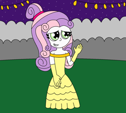 Size: 1226x1096 | Tagged: safe, artist:alonso1711, sweetie belle, human, equestria girls, g4, alternate hairstyle, beauty and the beast, belle, clothes, dress, evening gloves, female, gloves, gown, grin, lights, long gloves, namesake, night, pun, shy, shy smile, smiling, solo, starry night, visual pun, waving