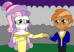 Size: 1152x816 | Tagged: safe, artist:alonso1711, button mash, sweetie belle, human, equestria girls, g4, alternate hairstyle, beauty and the beast, belle, clothes, dress, evening gloves, female, gloves, gown, hand on chest, holding hands, long gloves, looking at each other, looking at someone, male, night, ship:sweetiemash, shipping, smiling, smiling at each other, starry night, straight, suit