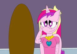 Size: 1280x894 | Tagged: safe, artist:alonso1711, princess cadance, anthro, a canterlot wedding, g4, breasts, bruised, busty princess cadance, clothes, dirty, female, mirror, sad, solo, torn clothes