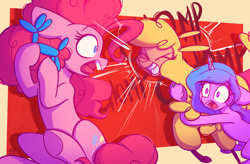 Size: 2200x1440 | Tagged: safe, artist:scribble-potato, izzy moonbow, paprika (tfh), pinkie pie, alpaca, earth pony, pony, unicorn, them's fightin' herds, g4, g5, balloon, balloon animal, biting, bracelet, chomp, community related, concerned, evil smile, eyes closed, female, friendship bracelet, grin, gritted teeth, holding, izzy and her heroine, jewelry, mare, open mouth, ponytober 2023, smiling, teeth, trio, trio female, worried