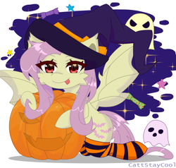 Size: 4000x3813 | Tagged: safe, artist:cattstaycool, fluttershy, bat pony, ghost, undead, g4, bat ponified, candy, cheek fluff, clothes, flutterbat, food, halloween, hat, holiday, jack-o-lantern, pumpkin, race swap, simple background, socks, striped socks, tongue out, white background, witch hat