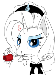 Size: 3453x4704 | Tagged: safe, artist:raritymylove, derpibooru exclusive, rarity, pony, unicorn, g4, bedroom eyes, clothes, cutie mark accessory, female, flower, flower in mouth, heart, looking at you, maid, mare, mouth hold, rose, rose in mouth, simple background, solo, white background